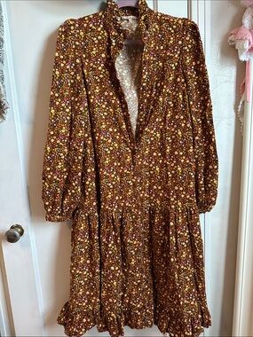 Brown Floral Long Sleeve Ruffle-Hem Dress ByTimo Norway